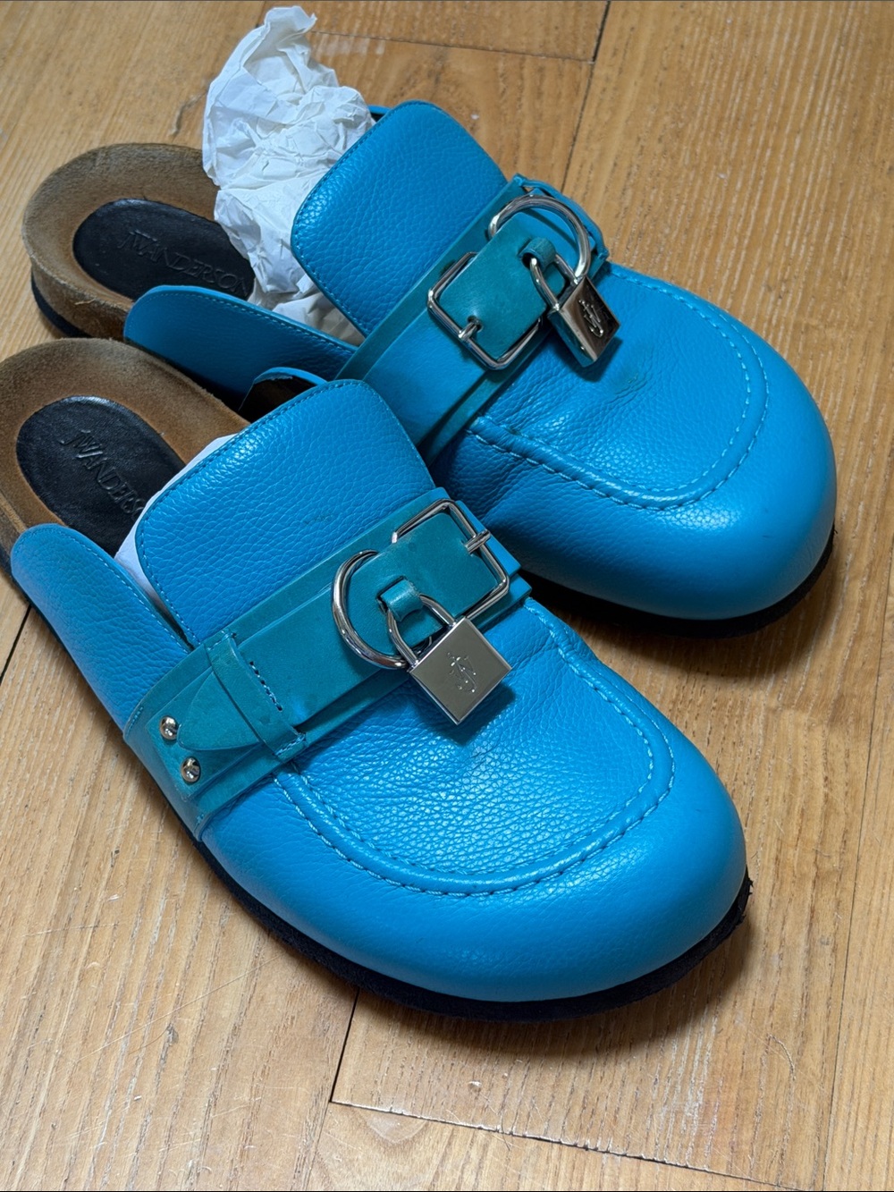 JW ANDERSON Bright Turquoise Leather Buckle Mules